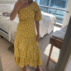 Veronica Beard Virginia Dress Sun Multi One Shoulder Cotton Midi Yellow Print